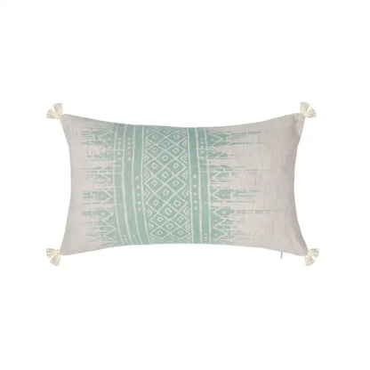 Rectangular off-white cushion cover with mint green geometric cotton crochet tassel design for living room decorbites