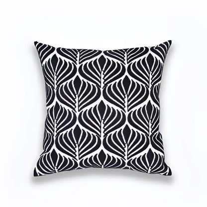 Black and white cushion cover with a repeating geometric leaf pattern for decorbites blue zigzag living room decor