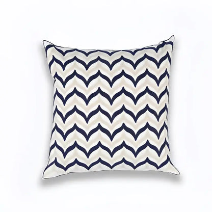 Square cushion cover with bold navy blue and off-white zigzag pattern and clean stitched edges for living room decorbites blue zigzag