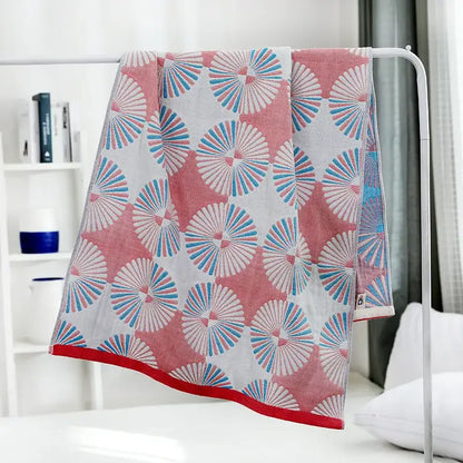 Pink and blue fan-patterned cotton gauze bath towel with red hem from decorbites cotton gauze bath towel set
