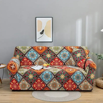 A vibrant stretchy geometric orange and gray colorful block sofa cover with mandala patterns by decorbites