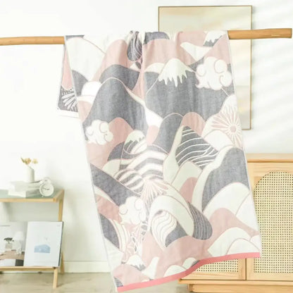 Geometric pink and gray decorbites cotton bath towel with stylized mountain wave pattern for quick dry bathroom use
