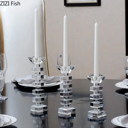 Clear crystal candle holder with stacked square facets and white taper candles perfect for dining room decorbites crystal candle decor