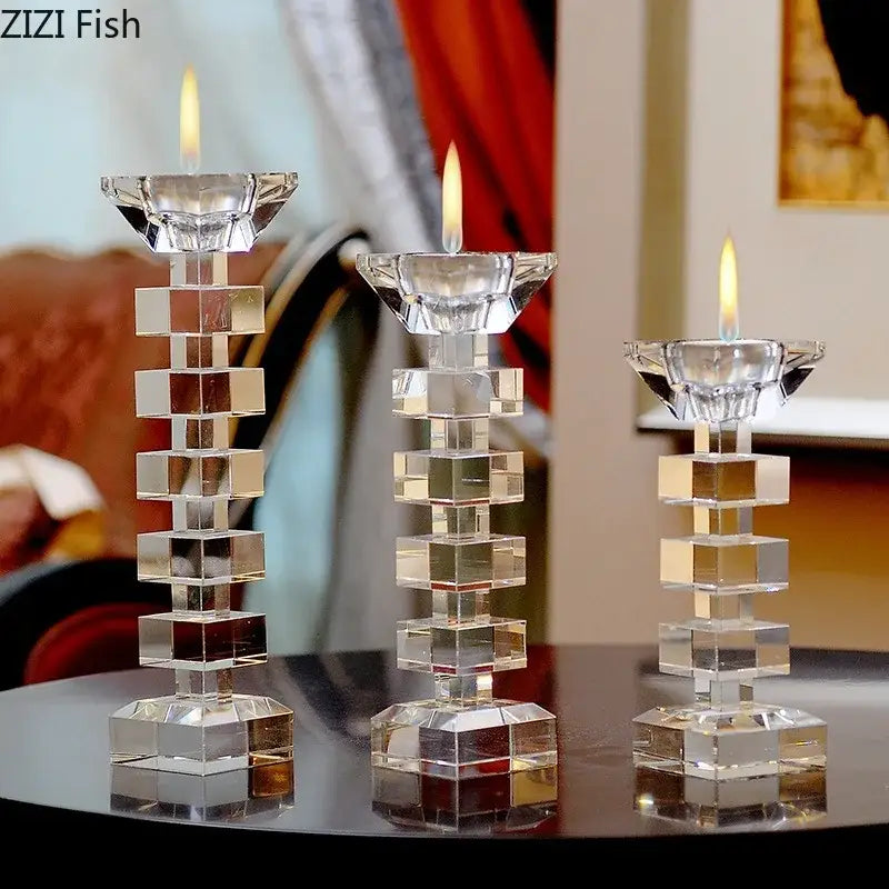 Clear crystal candle holder with geometric stacked cube design ideal for dining room decorbites crystal candle holder
