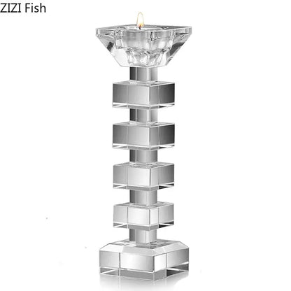 Clear crystal candle holder with faceted geometric design and stacked square segments for dining room decorbites crystal candle decor