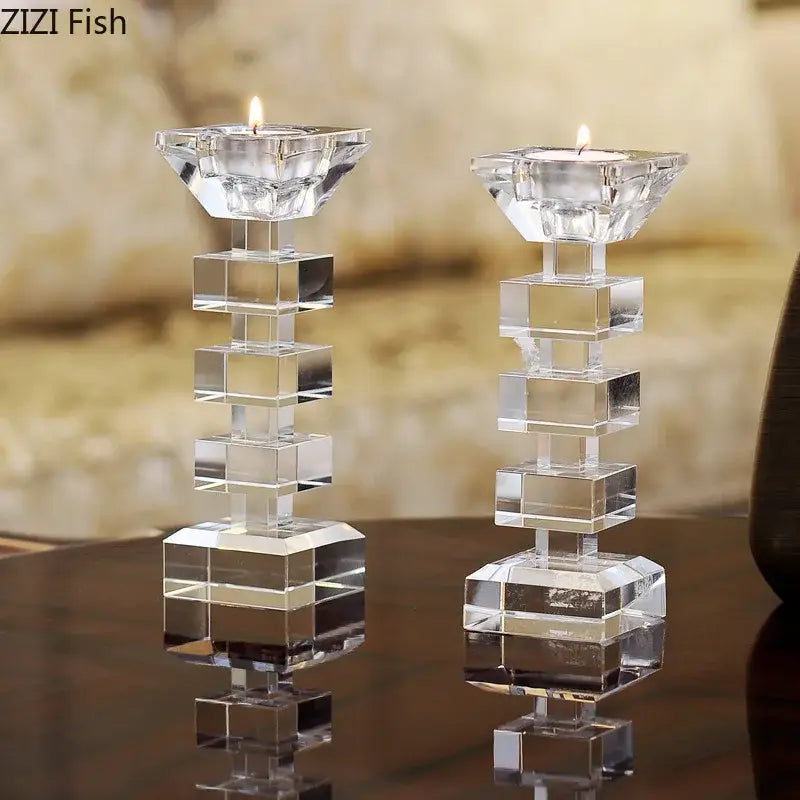 Clear crystal candle holder with a modern geometric stacked cube design and tiered base for dining room decorbites decor