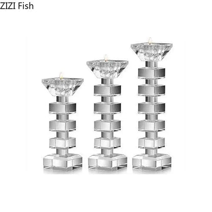 Set of three clear crystal candle holders with stacked geometric bases and lit tealights for dining room decorbites crystal candle holder