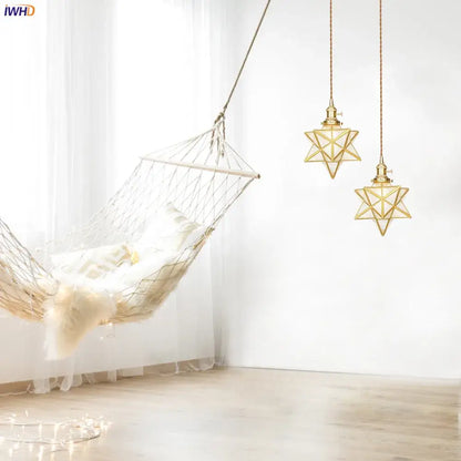 Geometric star glass copper led pendant light with brass-colored metal frames ideal for kitchen lighting