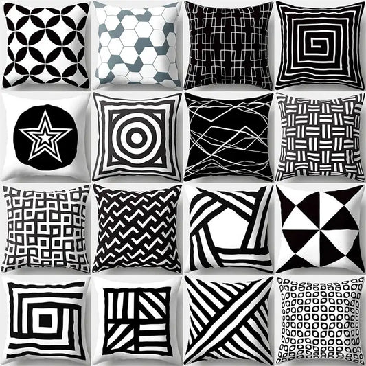 A collection of sixteen black and white geometric star print pillow covers on soft fabric for home decor by decorbites