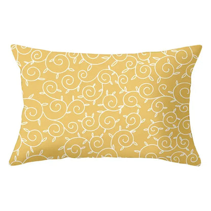 Rectangular yellow pillow with white swirling vine pattern for decorbites geometric striped curved living room decor