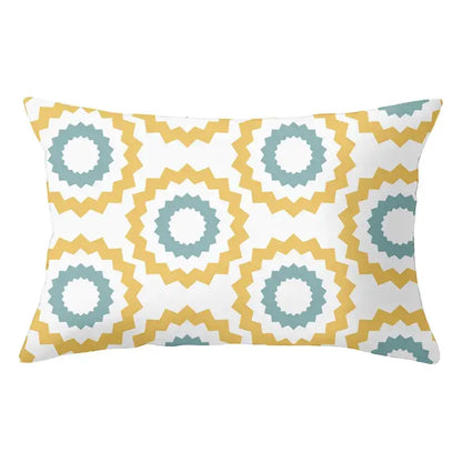 Rectangular pillow with white base and teal mustard yellow sunburst pattern for decorbites geometric striped curved use