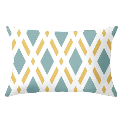 Rectangular pillow with decorbites geometric striped curved pattern in teal diamonds and gold stripes for living room decor