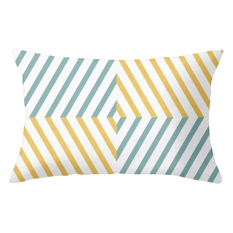 Rectangular pillow with geometric striped curved pattern in teal mustard yellow and white for living room decorbites geometric striped