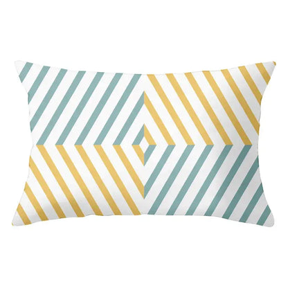 Rectangular pillow with geometric striped curved pattern in teal mustard yellow and white for living room decorbites geometric striped