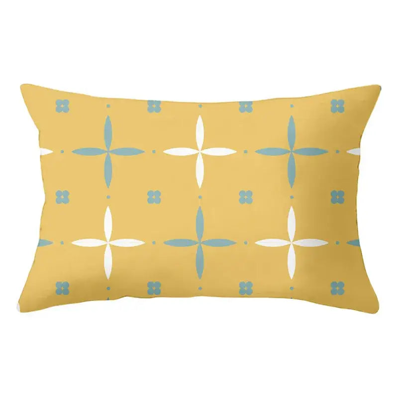 Rectangular yellow pillow with light blue and white geometric striped curved cross motifs for living room decorbites geometric striped