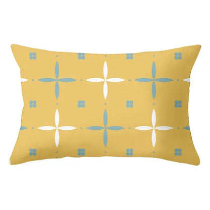 Rectangular yellow pillow with light blue and white geometric striped curved cross motifs for living room decorbites geometric striped