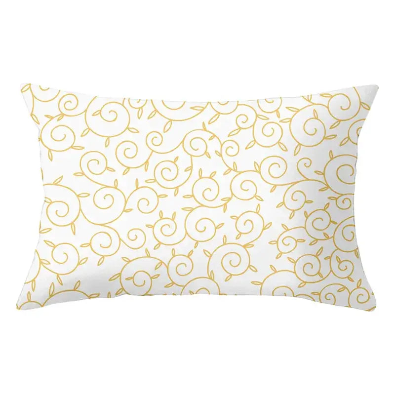 White rectangular pillow with gold swirl and leaf motifs for decorbites geometric striped curved living room decor