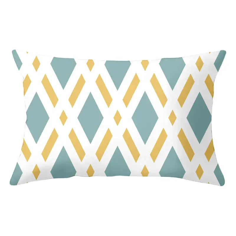Rectangular pillow with decorbites geometric striped curved pattern in teal diamonds and yellow stripes for living room decor