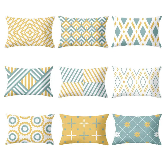 Set of nine geometric striped curved rectangular throw pillows in yellow teal white and light blue for living room decorbites geometric striped