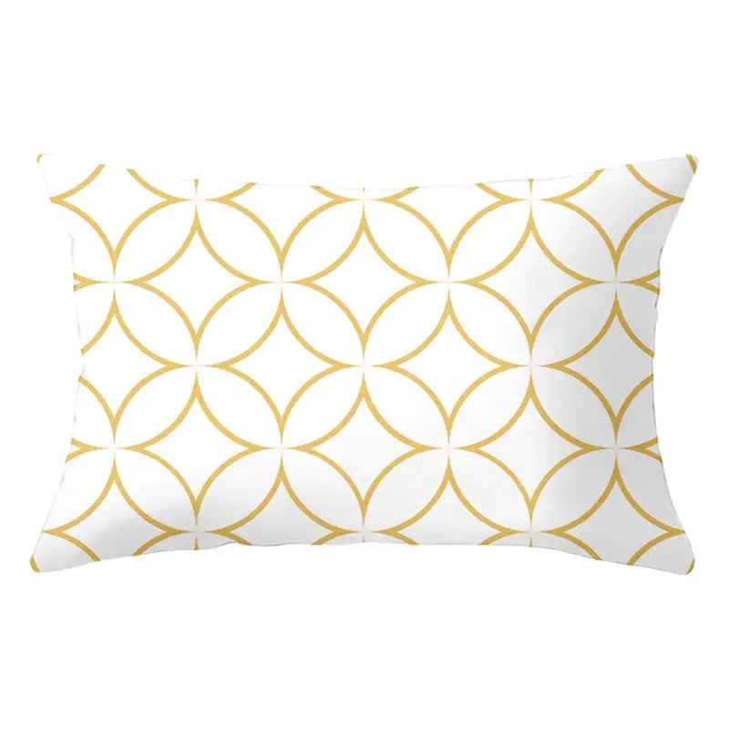 White rectangular pillow with gold interlocking circle pattern for decorbites geometric striped curved living room decor