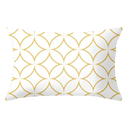 White rectangular pillow with gold interlocking circle pattern for decorbites geometric striped curved living room decor