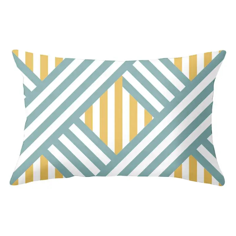 Rectangular pillow featuring decorbites geometric striped curved pattern in teal white and mustard yellow for living room decor