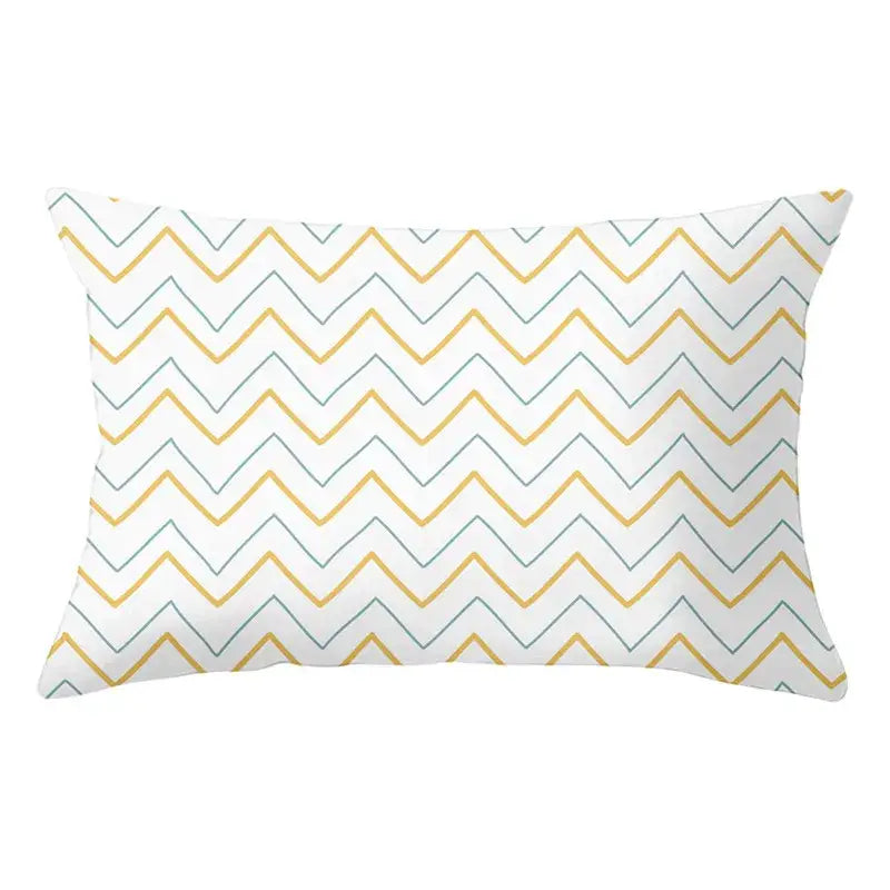 Rectangular pillow with white base and mustard yellow teal overlapping chevron patterns for decorbites geometric striped curved decor