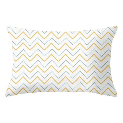 Rectangular pillow with white base and mustard yellow teal overlapping chevron patterns for decorbites geometric striped curved decor