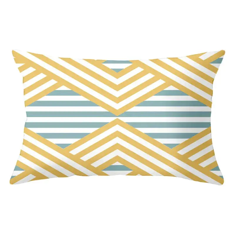 Rectangular pillow with modern decorbites geometric striped chevron pattern in yellow white and teal for living room decor