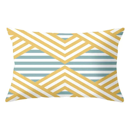 Rectangular pillow with modern decorbites geometric striped chevron pattern in yellow white and teal for living room decor