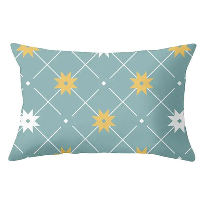 Rectangular cushion with decorbites geometric striped curved pattern in yellow starbursts on a light blue background