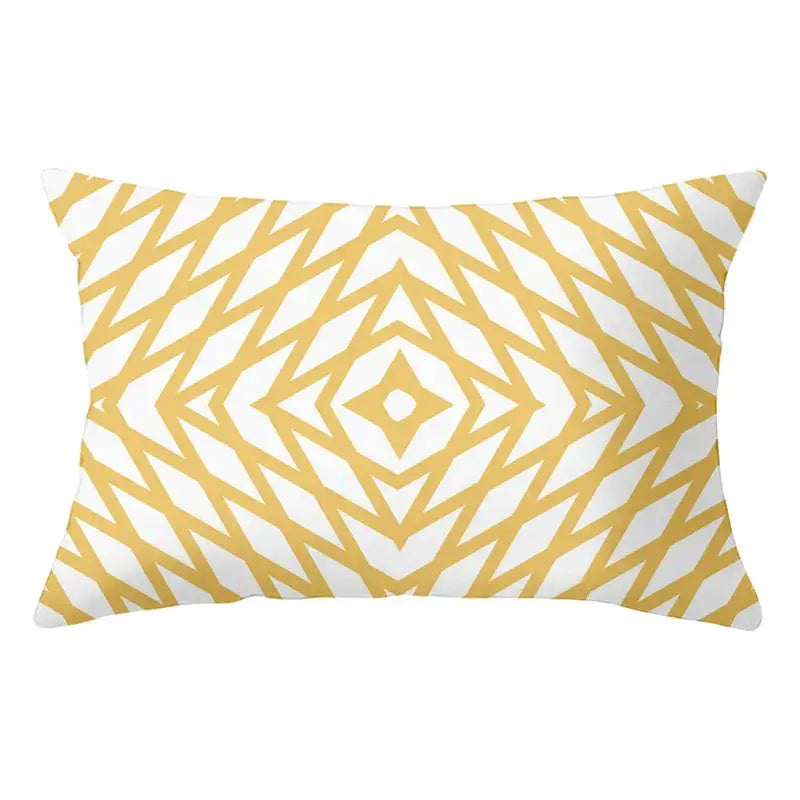 Rectangular pillow with white base and gold geometric striped curved zigzag diamond pattern for decorbites living room