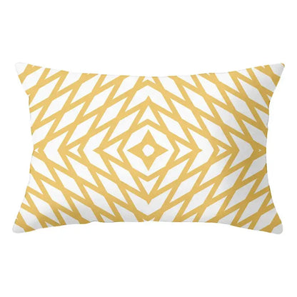 Rectangular pillow with white base and gold geometric striped curved zigzag diamond pattern for decorbites living room