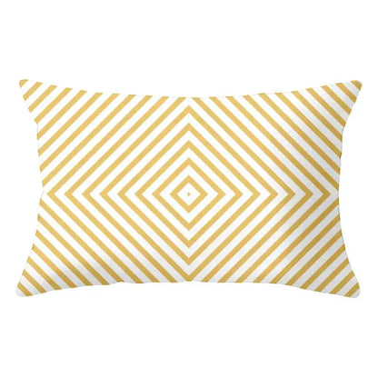 Rectangular pillow with decorbites geometric striped pattern of gold and white converging diagonal stripes for living room decor
