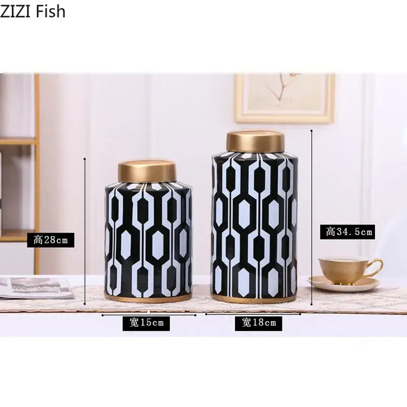 Two black and white geometric stripes ceramic storage jars with gold lids for living room decor by decorbites geometric stripes