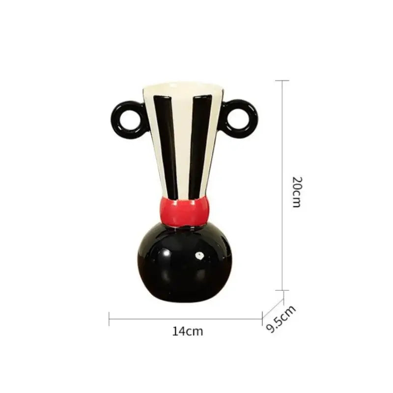 Black and white geometric stripes ceramic vase with red accent band and circular handles for living room decorbites decor
