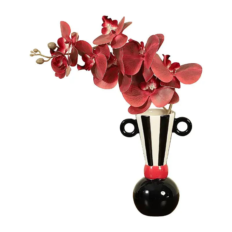 Geometric stripes black and white ceramic vase with red accents and circular handles for living room decorbites decor