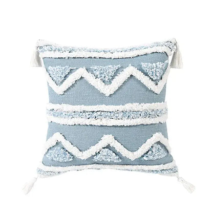Light blue pillow cover with white geometric tassel tufted embroidery and star design for living room decor