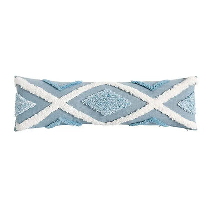 Light blue geometric tassel tufted pillow cover with white fringe star pattern for living room decor