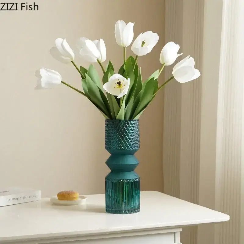 Teal crystal clear glass vase with textured geometric pattern and stacked cylindrical sections for living room decorbites decor