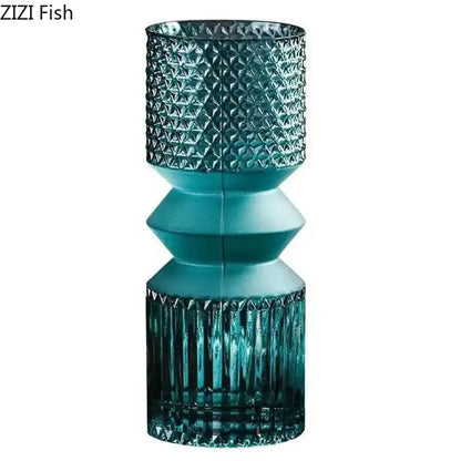 Teal crystal clear glass vase with geometric faceted patterns and stacked tiered design for living room decorbites decor
