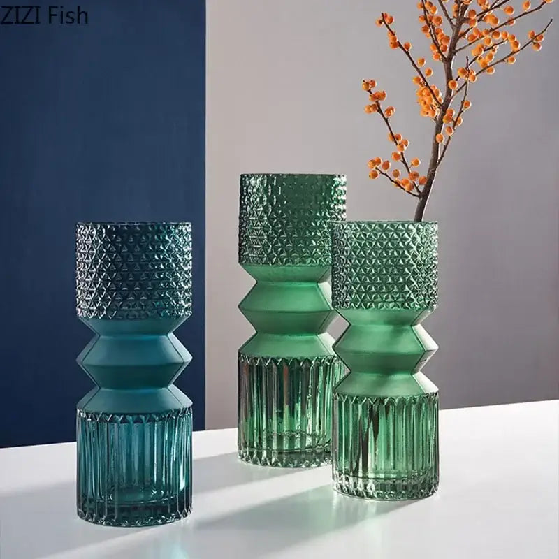 Set of three geometric teal and green crystal clear glass vases with faceted textured surfaces for living room decorbites decor