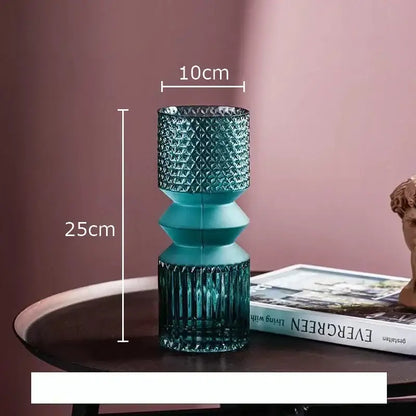 Teal crystal clear glass vase with textured faceted design and stacked geometric sections for living room decorbites decor