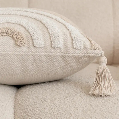 Beige embroidered cushion cover with geometric tufted beige design tassel trim for living room decorbites decor