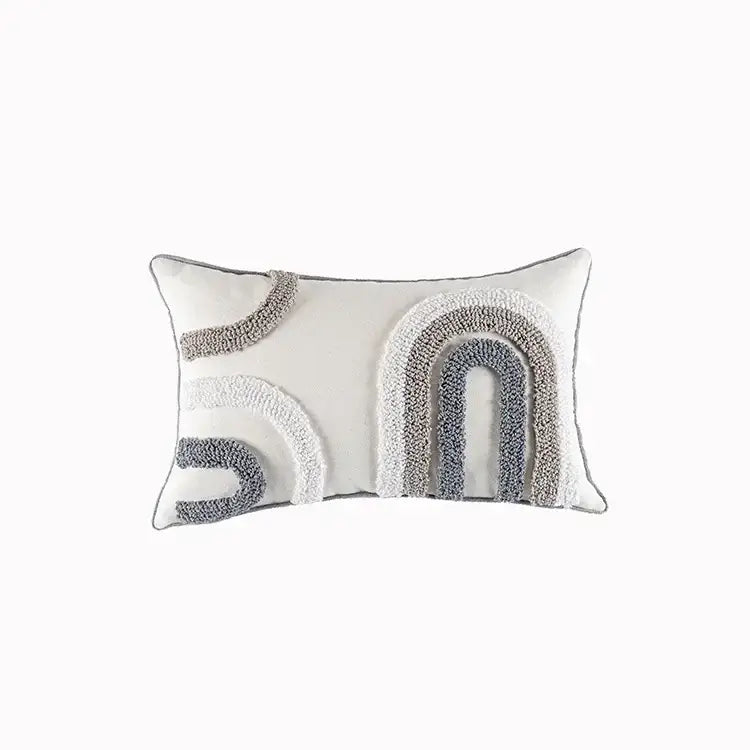 Rectangular geometric tufted beige cushion cover with cream base and abstract gray textured arches for living room decor