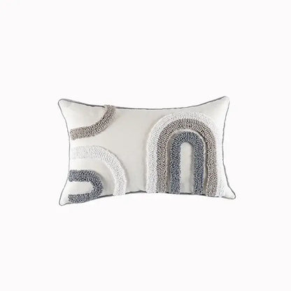 Rectangular geometric tufted beige cushion cover with cream base and abstract gray textured arches for living room decor