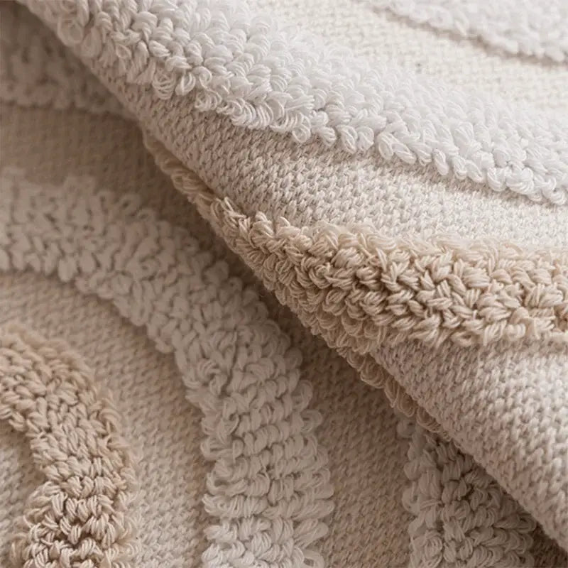 Beige and cream striped textured bath mat with plush looped yarn design for decorbites geometric tufted cushion cover decor