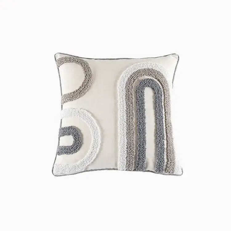 Cream-colored geometric tufted beige cushion cover with textured gray and white embroidered arches for living room decorbites