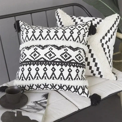 Black and white geometric tufted cotton cushion cover with tassels for living room decorbites decorbites geometric tufted design