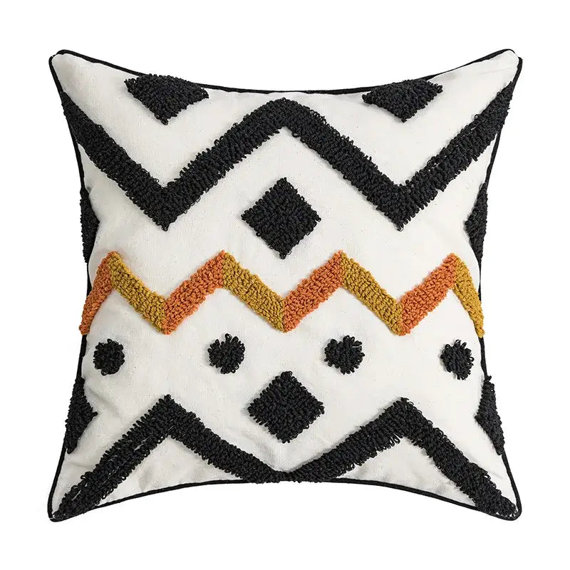 White throw pillow cover with black and orange geometric tufted plush fabric for decorbites geometric tufted living room decor
